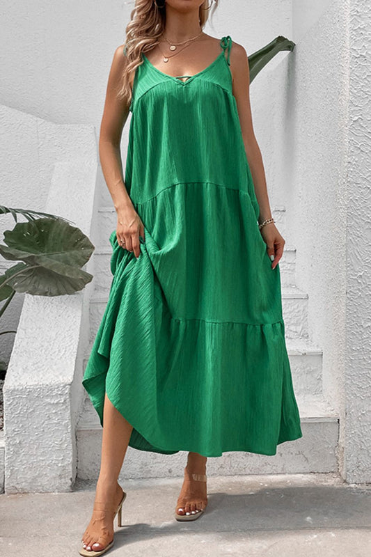 Work From Home Tie-Shoulder Tiered Maxi Dress